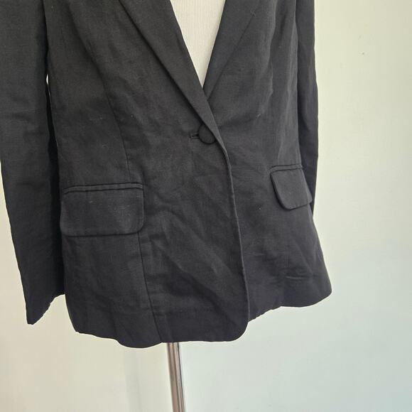 Frame Linen Blend Blazer Black One Button Closure Pleated Shoulder Pads Women 4 - Picture 6 of 13